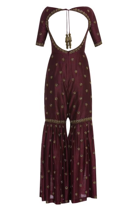 Shop_Rajat K Tangri_Maroon Boat Neck Embroidered Sharara Jumpsuit With Dupatta _Online_at_Aza_Fashions