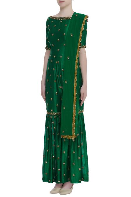 Rajat K Tangri_Green Boat Neck Hand Embroidered Sharara Jumpsuit _Online_at_Aza_Fashions