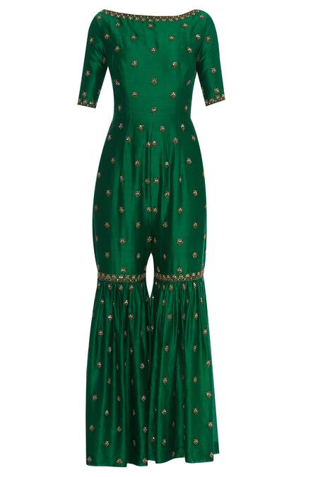 Buy_Rajat K Tangri_Green Boat Neck Hand Embroidered Sharara Jumpsuit _Online_at_Aza_Fashions
