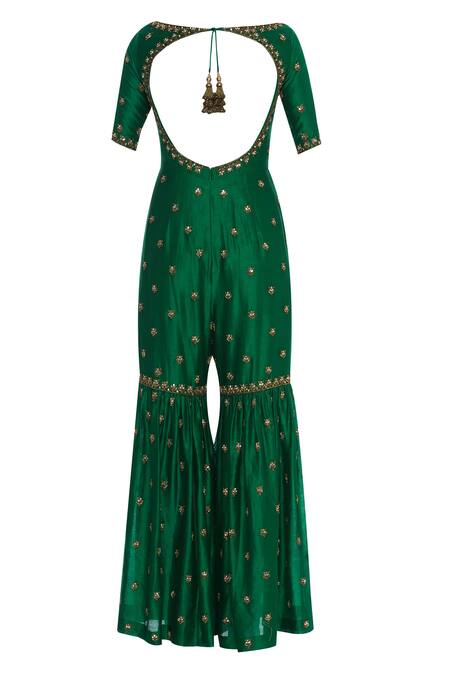 Shop_Rajat K Tangri_Green Boat Neck Hand Embroidered Sharara Jumpsuit _Online_at_Aza_Fashions