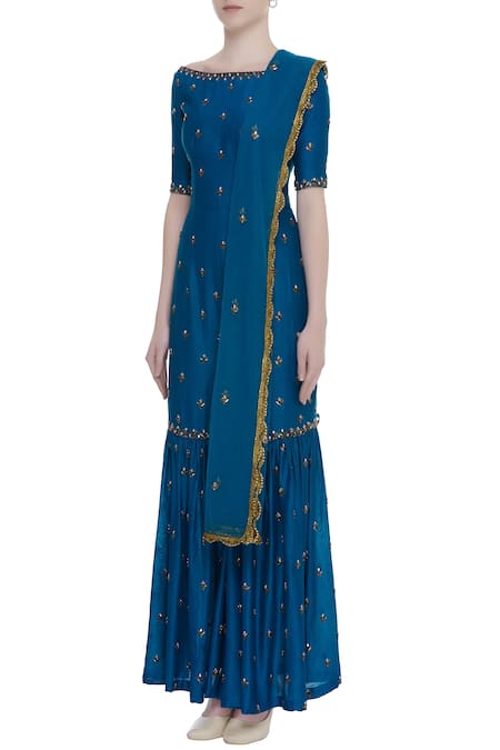 Rajat K Tangri_Blue Boat Neck Hand Embroidered Jumpsuit Sharara With Dupatta _Online_at_Aza_Fashions