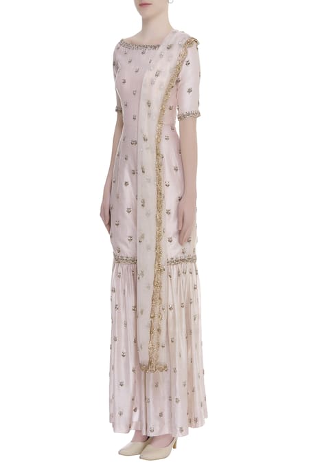 Rajat K Tangri_Off White Boat Neck Booti Hand Embroidered Jumpsuit Sharara With Dupatta _Online_at_Aza_Fashions