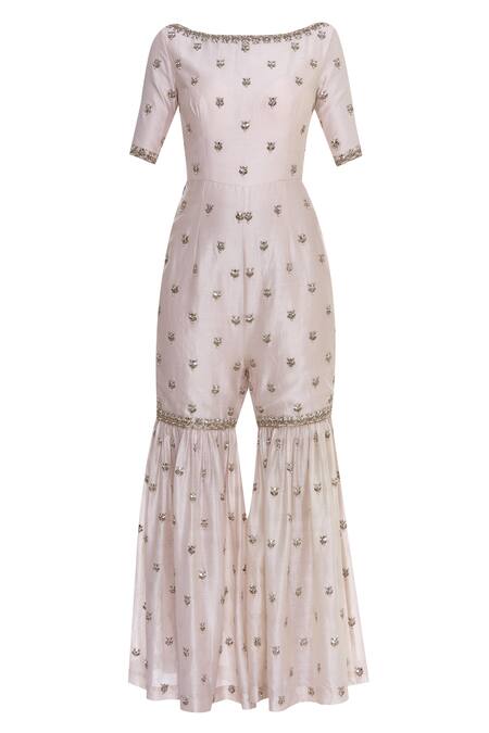 Buy_Rajat K Tangri_Off White Boat Neck Booti Hand Embroidered Jumpsuit Sharara With Dupatta _Online_at_Aza_Fashions