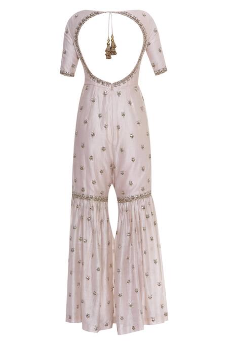 Shop_Rajat K Tangri_Off White Boat Neck Booti Hand Embroidered Jumpsuit Sharara With Dupatta _Online_at_Aza_Fashions