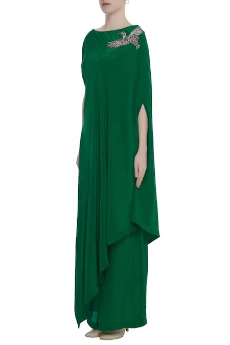 Rajat K Tangri_Green Bird Asymmetric Hand Embroidered Kurta With Palazzo _Online_at_Aza_Fashions