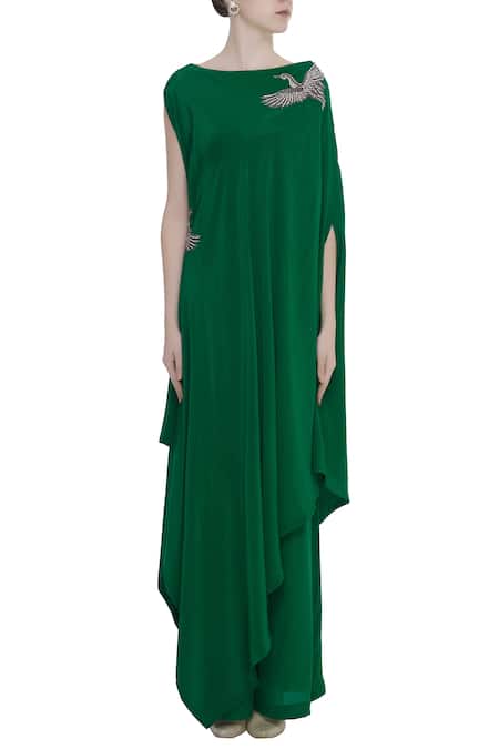 Buy_Rajat K Tangri_Green Bird Asymmetric Hand Embroidered Kurta With Palazzo _Online_at_Aza_Fashions