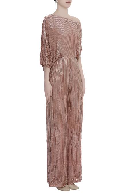 Rajat K Tangri_Peach Sequin Asymmetric Off Shoulder Jumpsuit _Online_at_Aza_Fashions