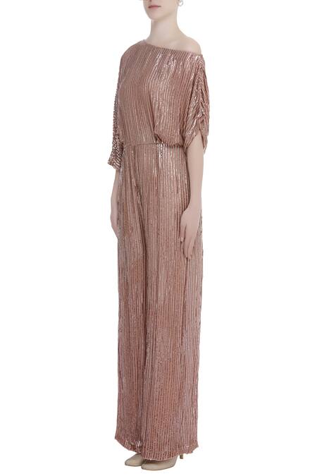 Buy_Rajat K Tangri_Peach Sequin Asymmetric Off Shoulder Jumpsuit _Online_at_Aza_Fashions