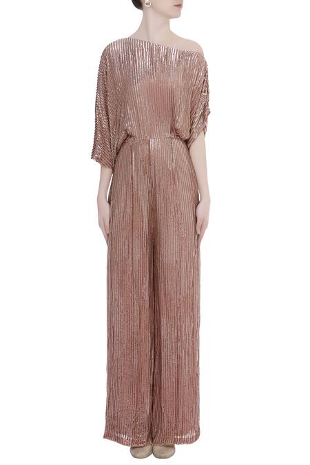 Shop_Rajat K Tangri_Peach Sequin Asymmetric Off Shoulder Jumpsuit _Online_at_Aza_Fashions
