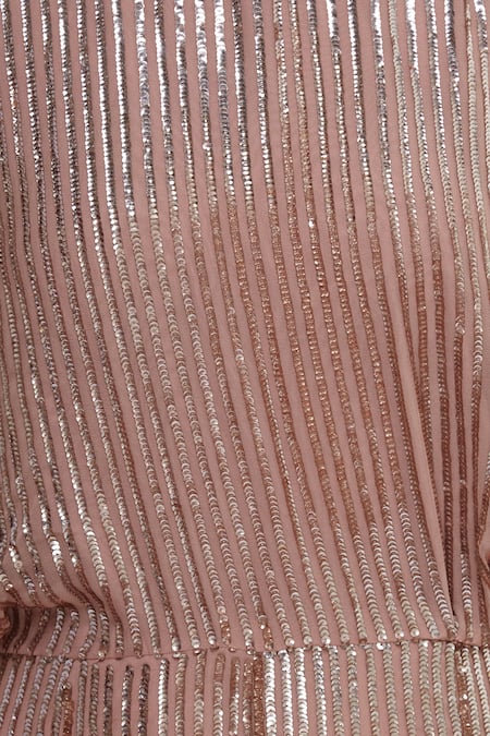 Rajat K Tangri_Peach Sequin Asymmetric Off Shoulder Jumpsuit _at_Aza_Fashions