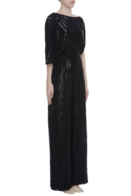 Rajat K Tangri_Black One Shoulder Embellished Jumpsuit _Online_at_Aza_Fashions