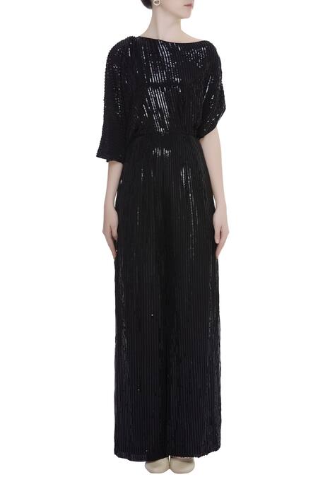 Shop_Rajat K Tangri_Black One Shoulder Embellished Jumpsuit _Online_at_Aza_Fashions