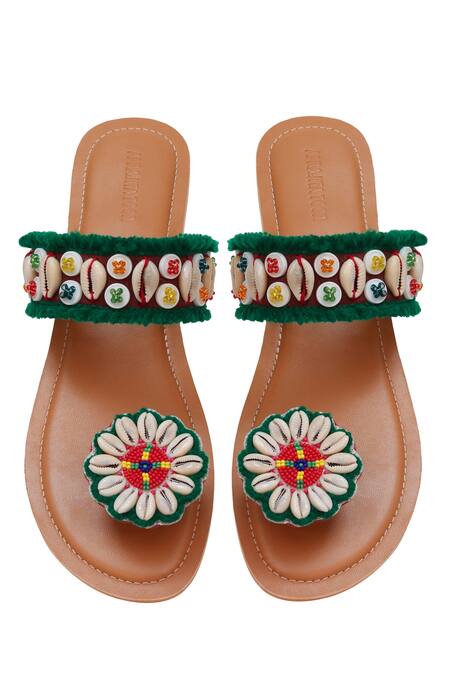 Shop_Aprajita Toor_Beige Floral Shell Embellished Padukas_at_Aza_Fashions