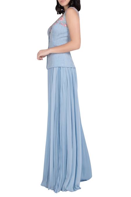 Buy_Julie By Julie Shah_Blue Embroidery Embellished Top With Pleated Palazzos _Online_at_Aza_Fashions