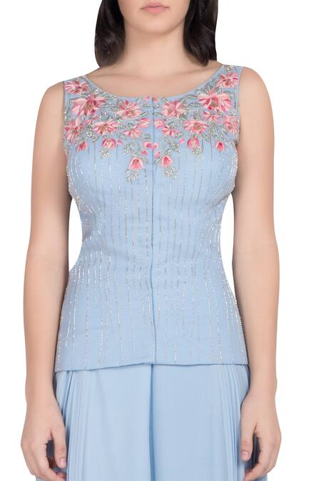 Shop_Julie By Julie Shah_Blue Embroidery Embellished Top With Pleated Palazzos _Online_at_Aza_Fashions