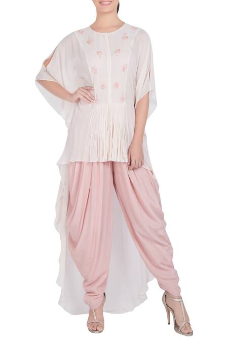 Julie by Julie Shah White Round Embroidered Dhoti Pant Set 