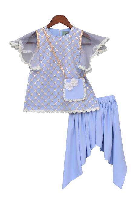 Fayon Kids_Blue Net, Crepe Kurta With Dhoti Pants _Online_at_Aza_Fashions