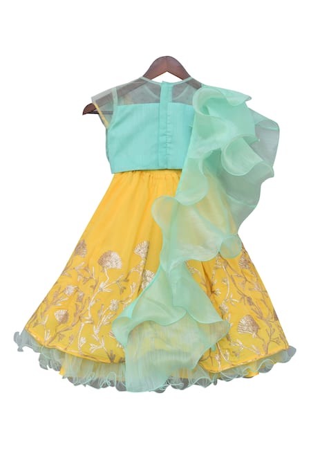 Shop Fayon Kids Blue Modal, Cotton Tassels, Sequins, Ruffles Top With Gota Embroidered Lehenga at Aza Fashions Shop_Fayon Kids_Blue Modal, Cotton Tassels, Sequins, Ruffles Top With Gota Embroidered Lehenga _at_Aza_Fashions