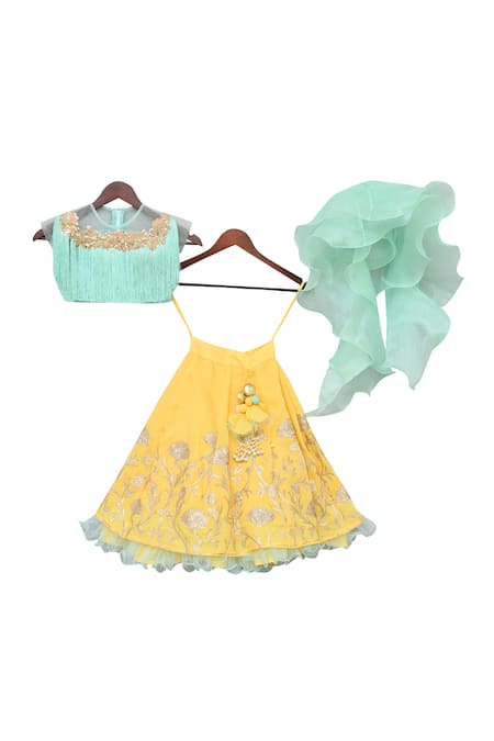 Fayon Kids Blue Modal, Cotton Tassels, Sequins, Ruffles Top With Gota Embroidered Lehenga Online at Aza Fashions Fayon Kids_Blue Modal, Cotton Tassels, Sequins, Ruffles Top With Gota Embroidered Lehenga _Online_at_Aza_Fashions