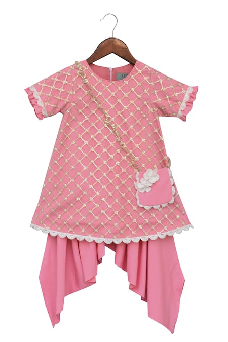 Fayon Kids Pink Crepe, Net, Cotton Lace Bottie Kurti With Dhoti Pants