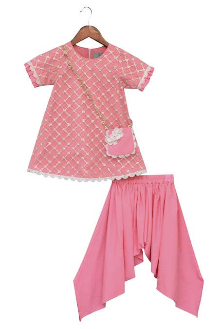 Fayon Kids_Pink Crepe, Net, Cotton Lace Bottie Kurti With Dhoti Pants _Online_at_Aza_Fashions
