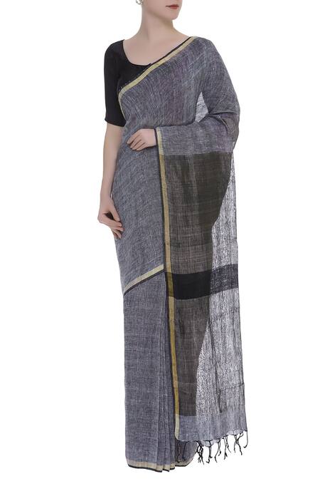 Galang Gabaan Grey Woven Linen Saree With Zari Border