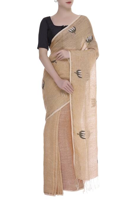 Galang Gabaan Beige Lotus Motif Woven Linen Saree