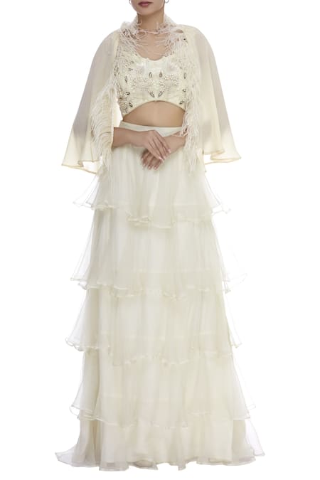 J By Jannat Bead Embroidered Blouse With Lehenga & Cape  