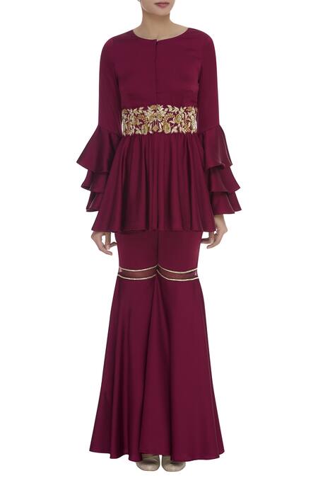 Buy_J By Jannat_Maroon Embroidery Round Patchwork Kurta Sharara Set  _Online_at_Aza_Fashions