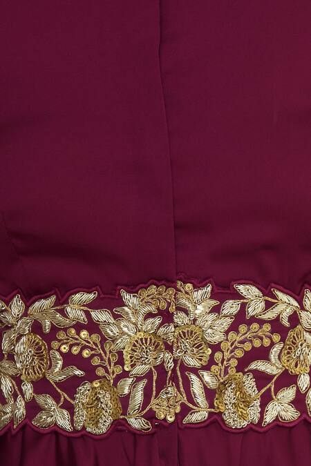 J By Jannat_Maroon Embroidery Round Patchwork Kurta Sharara Set  _at_Aza_Fashions