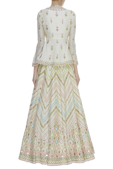 Shop Tamanna Punjabi Kapoor Off White Gota And Resham Embroidered Peplum Blouse With Lehenga at Aza Fashions Shop_Tamanna Punjabi Kapoor_Off White Gota And Resham Embroidered Peplum Blouse With Lehenga_at_Aza_Fashions