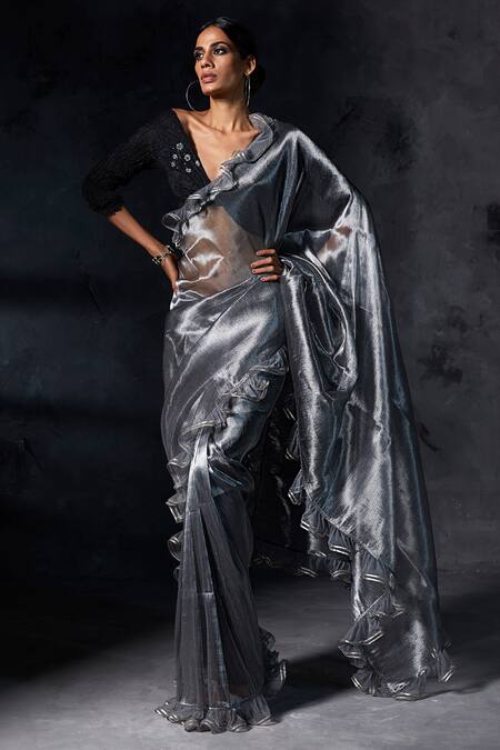 Buy Rina Dhaka Silver Ruffle Saree Online at Aza Fashions Buy_Rina Dhaka_Silver Ruffle Saree_Online_at_Aza_Fashions
