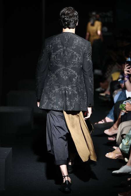 Antar Agni_Black Linen Blend Full Sleeve Back Slit Bandhgala _at_Aza_Fashions