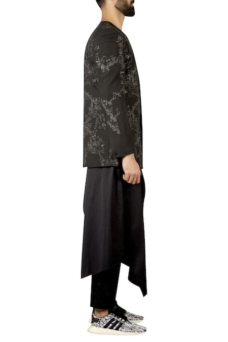 Antar Agni_Black Linen Blend Full Sleeve Back Slit Bandhgala _Online_at_Aza_Fashions