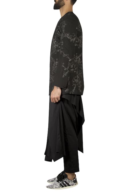 Shop_Antar Agni_Black Linen Blend Full Sleeve Back Slit Bandhgala _Online_at_Aza_Fashions