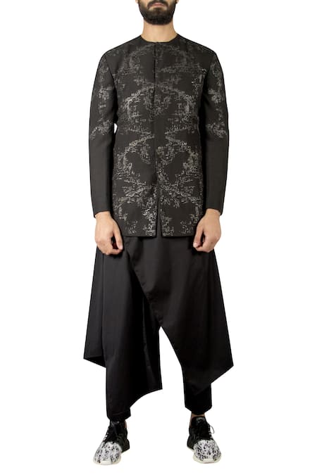 Buy_Antar Agni_Black Linen Blend Full Sleeve Back Slit Bandhgala _Online_at_Aza_Fashions