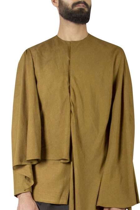 Shop_Antar Agni_Brown Linen Blend Embroidered Draped Layered Jacket_Online_at_Aza_Fashions