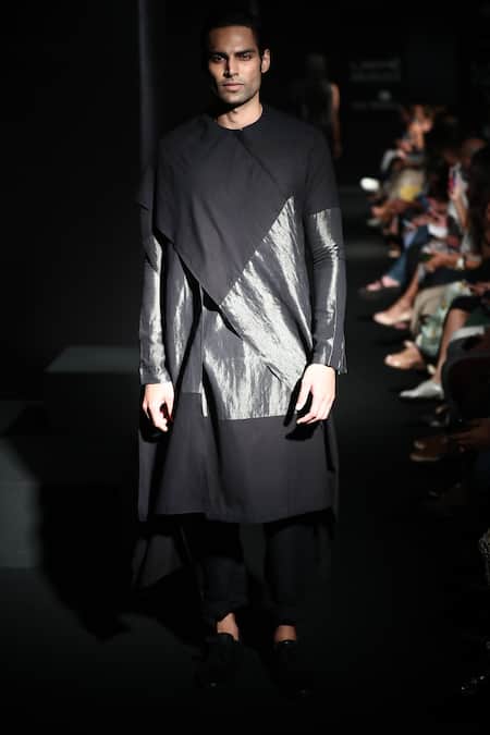 Shop_Antar Agni_Black Cotton Zari Asymmetrical Cape Style Kurta _Online_at_Aza_Fashions