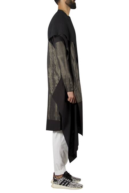 Antar Agni_Black Cotton Zari Asymmetrical Cape Style Kurta _Online_at_Aza_Fashions