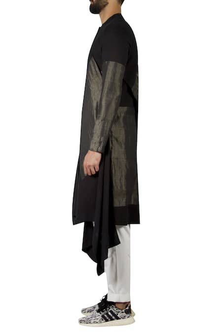 Buy_Antar Agni_Black Cotton Zari Asymmetrical Cape Style Kurta _Online_at_Aza_Fashions