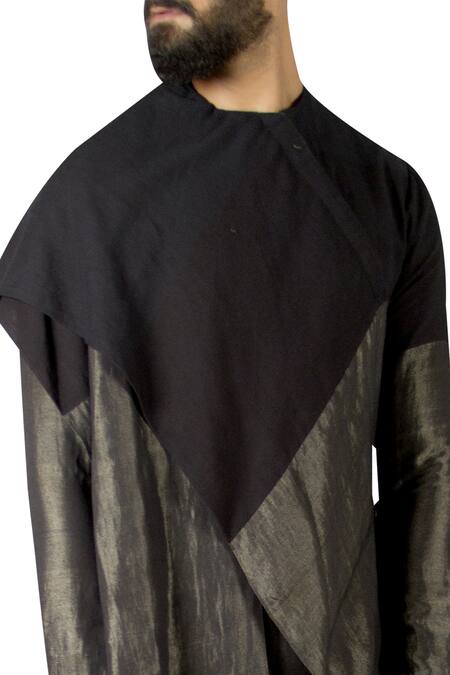 Antar Agni_Black Cotton Zari Asymmetrical Cape Style Kurta _at_Aza_Fashions