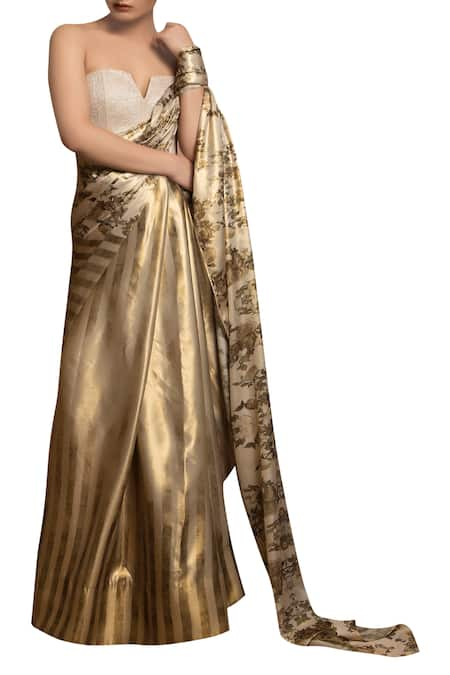 Siddartha Tytler Gold Digital Printed Saree With Crystallised Corset Blouse