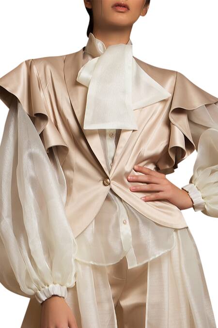 Siddartha Tytler Off White Organza Tie-up Shirt Online at Aza Fashions Siddartha Tytler_Off White Organza Tie-up Shirt_Online_at_Aza_Fashions