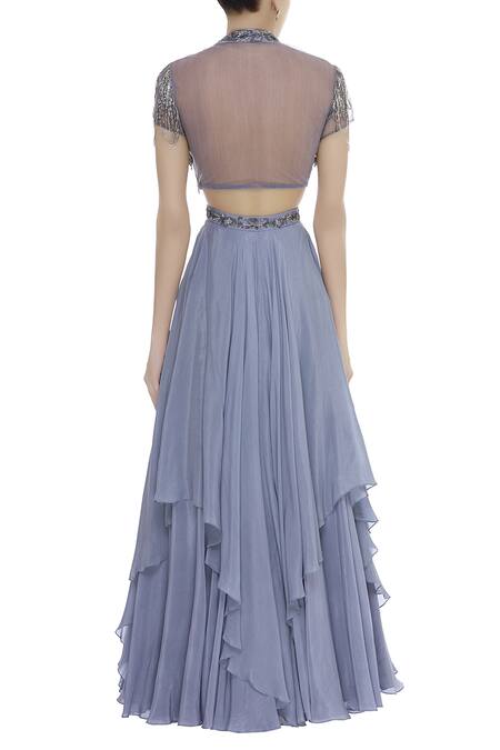 Shop Nitika Kanodia Gupta Grey Net, Crepe Embroidered Stand High Neck Embellished Crop-top With Skirt at Aza Fashions Shop_Nitika Kanodia Gupta_Grey Net, Crepe Embroidered Stand High Neck Embellished Crop-top With Skirt_at_Aza_Fashions
