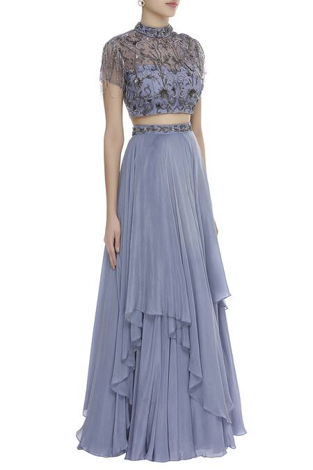 Nitika Kanodia Gupta Grey Net, Crepe Embroidered Stand High Neck Embellished Crop-top With Skirt Online at Aza Fashions Nitika Kanodia Gupta_Grey Net, Crepe Embroidered Stand High Neck Embellished Crop-top With Skirt_Online_at_Aza_Fashions