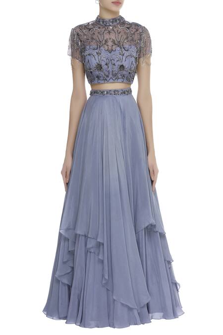 Shop Nitika Kanodia Gupta Grey Net, Crepe Embroidered Stand High Neck Embellished Crop-top With Skirt Online at Aza Fashions Shop_Nitika Kanodia Gupta_Grey Net, Crepe Embroidered Stand High Neck Embellished Crop-top With Skirt_Online_at_Aza_Fashions