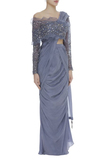 Nitika Kanodia Gupta_Grey Organza, Crepe Embroidered Pre-draped Saree With Embellished Blouse _Online_at_Aza_Fashions