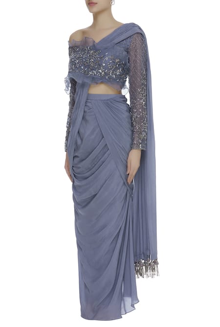 Buy_Nitika Kanodia Gupta_Grey Organza, Crepe Embroidered Pre-draped Saree With Embellished Blouse _Online_at_Aza_Fashions
