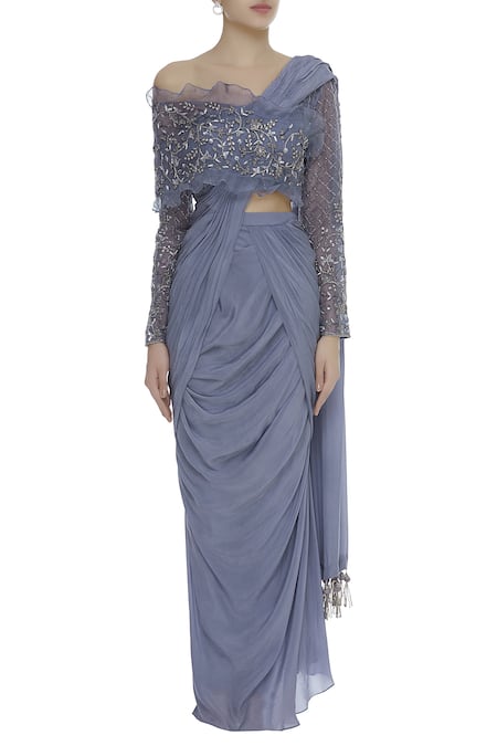 Shop_Nitika Kanodia Gupta_Grey Organza, Crepe Embroidered Pre-draped Saree With Embellished Blouse _Online_at_Aza_Fashions