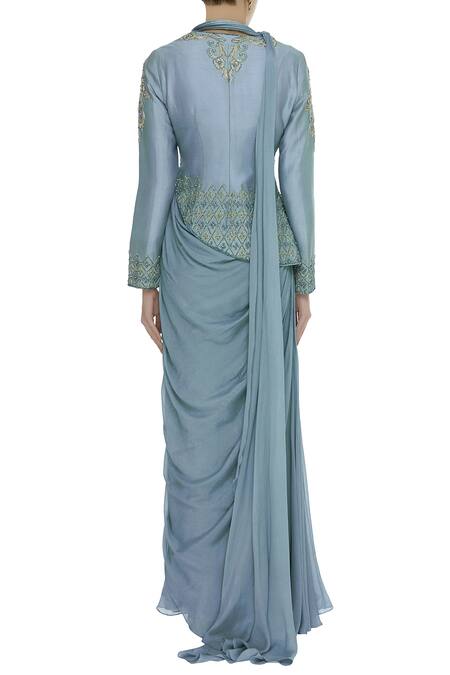Shop Nitika Kanodia Gupta Blue Chanderi, Georgette Embroidered Leaf Dori Jacket With Pre-draped Saree at Aza Fashions Shop_Nitika Kanodia Gupta_Blue Chanderi, Georgette Embroidered Leaf Dori Jacket With Pre-draped Saree_at_Aza_Fashions